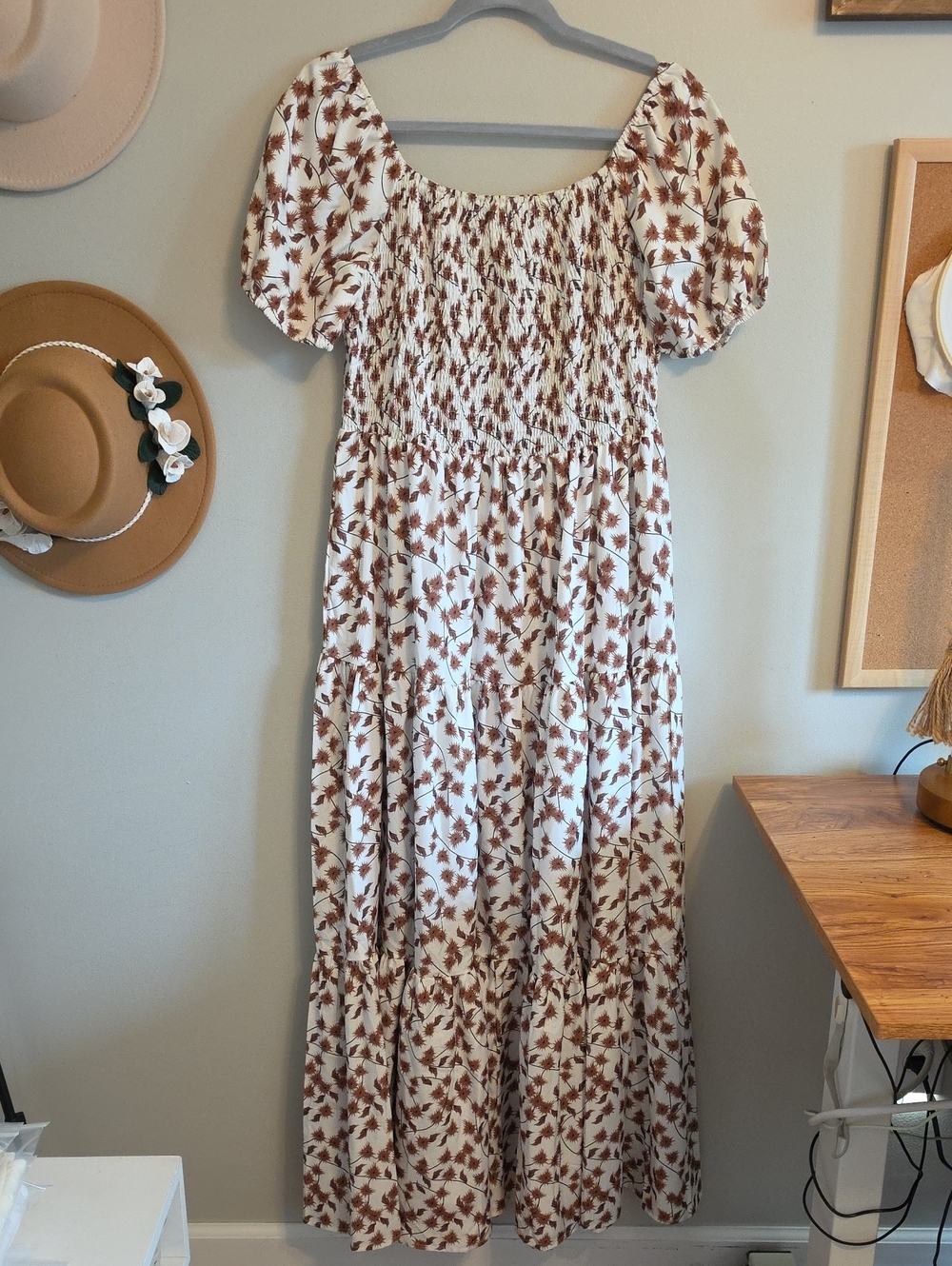 SHEIN Cream Maxi Dress with Brown Floral Smocked Bodice
